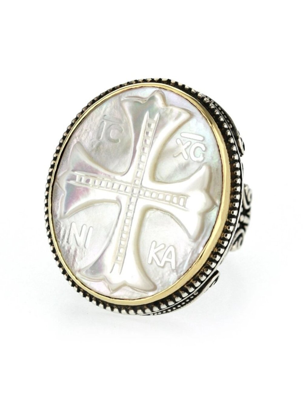 KONSTANTINO 925 Silver 18K Gold Kleos Mother of Pearl MOP Cross Ring Size 7.5